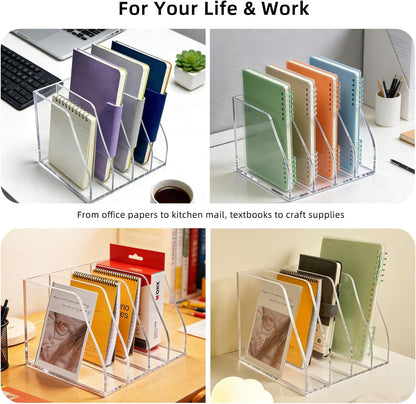 Acrylic Magazine File Holder, 4 Vertical Compartments Desk Document Sorter Organizer, Clear Folder Rack Binder for Office, Documents, Tablets, Magazines, Books – Home/Classroom Rack