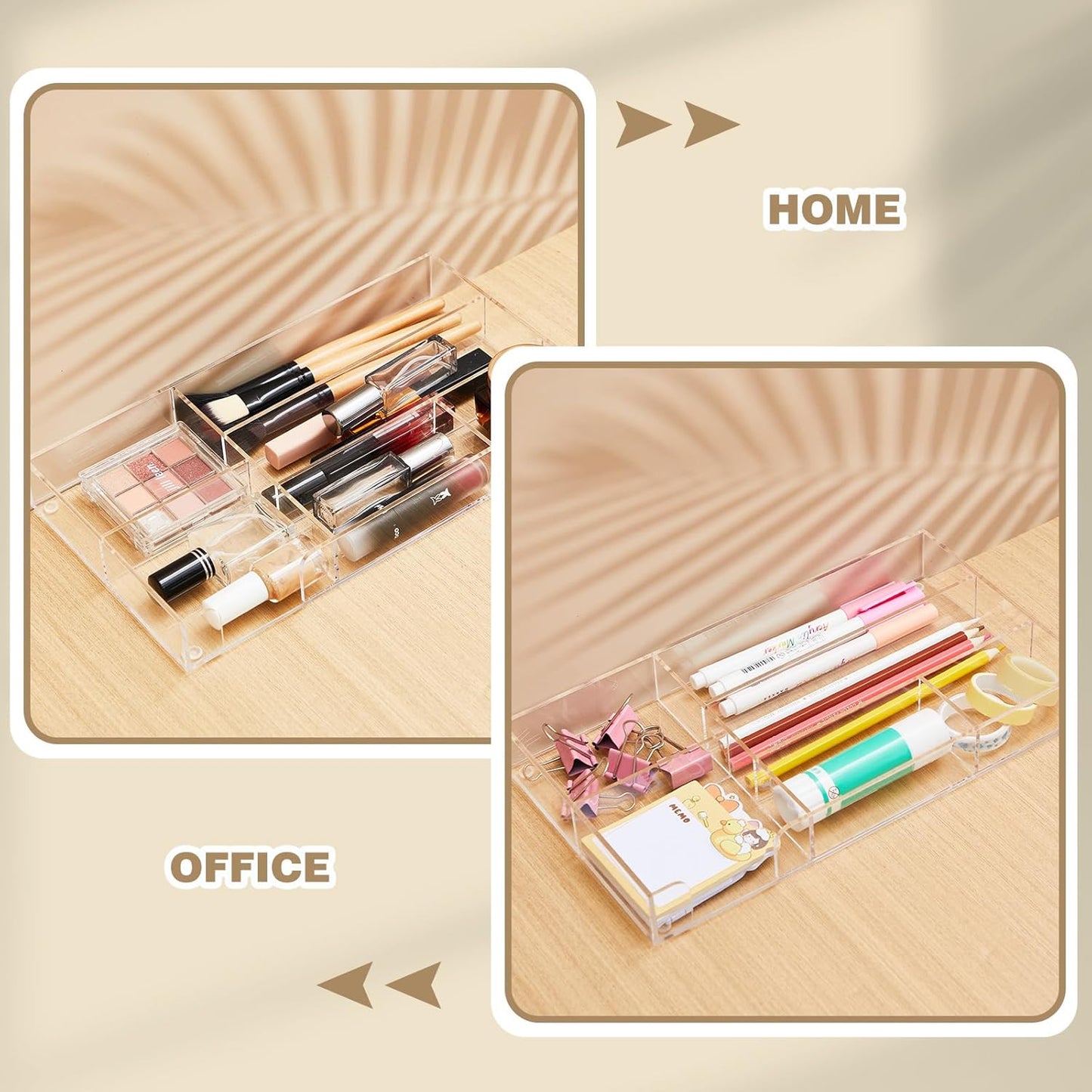 Briwooody 3 Pcs Clear Acrylic Desk Drawer Organizer 13.7 x 8.7 x 2 Inch Drawer Organizer Trays with 8 Compartments Desk Accessories for Office Makeup Silverware Bathroom