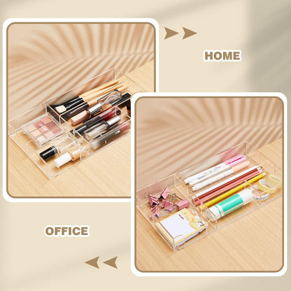 Briwooody 3 Pcs Clear Acrylic Desk Drawer Organizer 13.7 x 8.7 x 2 Inch Drawer Organizer Trays with 8 Compartments Desk Accessories for Office Makeup Silverware Bathroom