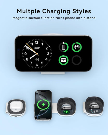 Charging Station for Apple Multiple Devices：2 in 1 Foldable Wireless Charger for Magnetic Wireless Charger Station Travel Charging Pad for Apple iPhone 17 16 15 14 13 12 Series& Apple Watch& Airpods
