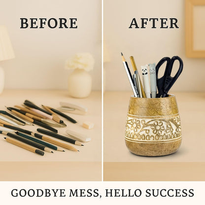 Mie Creations Designer Pencil Holder for Desk Wood | Wooden Pen Stand, Paintbrush Cup, Desk Accessories, Cute Make Up Brush Organizers | Office Desktop Stationery, Christmas Holidays Gift- 4'' Brown