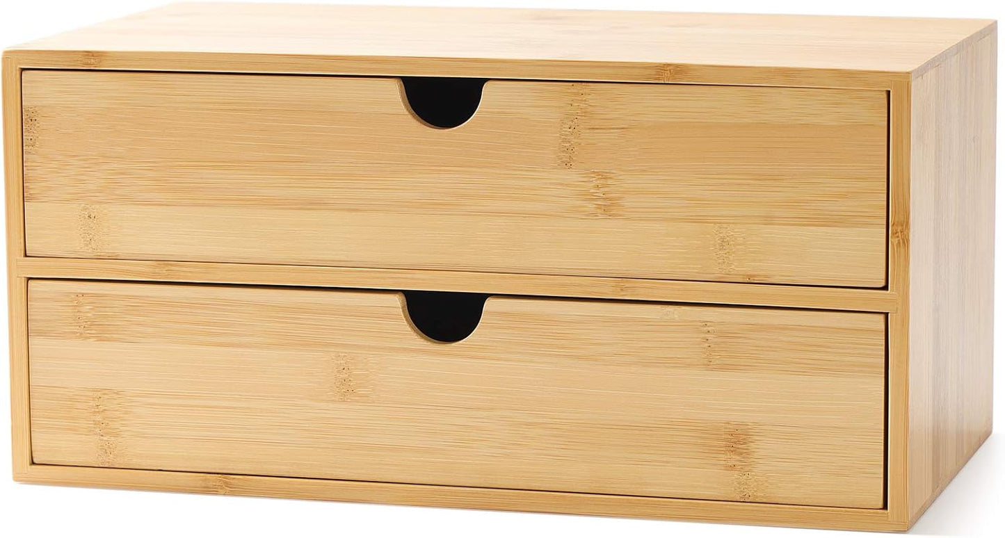 Wisuce Bamboo Desk Drawer Organizer, Desktop Organizer with Drawers Tabletop Storage Organization Box for Office Home Toiletries Supplies Vanity, No Assembly Required(3 Drawers-left right)
