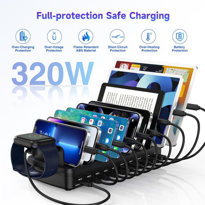 320W Charging Station for Multiple Devices, 10 Ports Fast Multi-Device Charger Organizer Compatible with MacBook Pro Laptop, iPhone, Android, Ipad, Tablet, Kindle, Family Multi-Device Charging Dock
