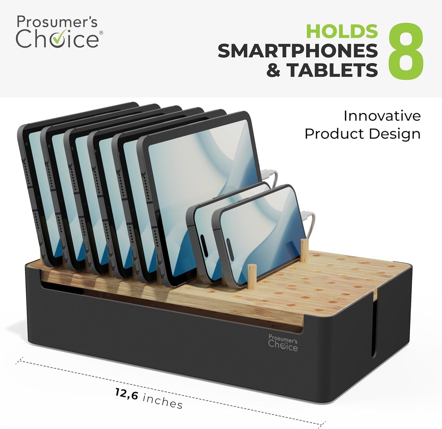 Prosumer's Choice Wooden Charging Station Organizer - 5-Port Base for Phones, Tablets and Laptops - Multi-Device Docking Station with Removable Divider Slots - Cord Box with Cable Management - Bamboo