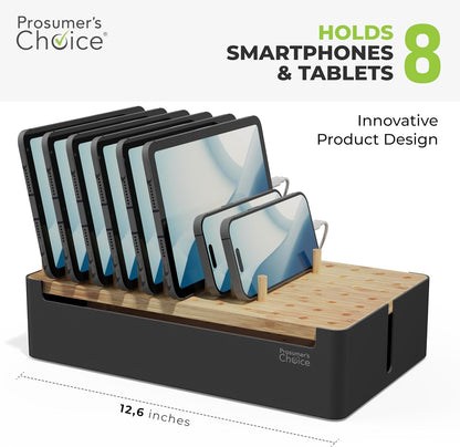 Prosumer's Choice Wooden Charging Station Organizer - 5-Port Base for Phones, Tablets and Laptops - Multi-Device Docking Station with Removable Divider Slots - Cord Box with Cable Management - Bamboo