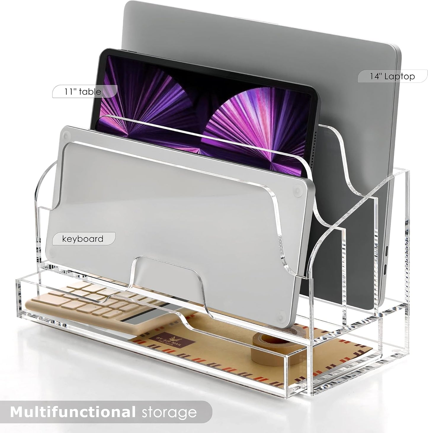 SANRUI Clear Desk Organizer Holder with Drawers, Acrylic Desktop Manila folders File Mail Sorter Box, Office Desk Accessories & Workspace Envelope Bill Letter Organization Racks, 3 Compartments