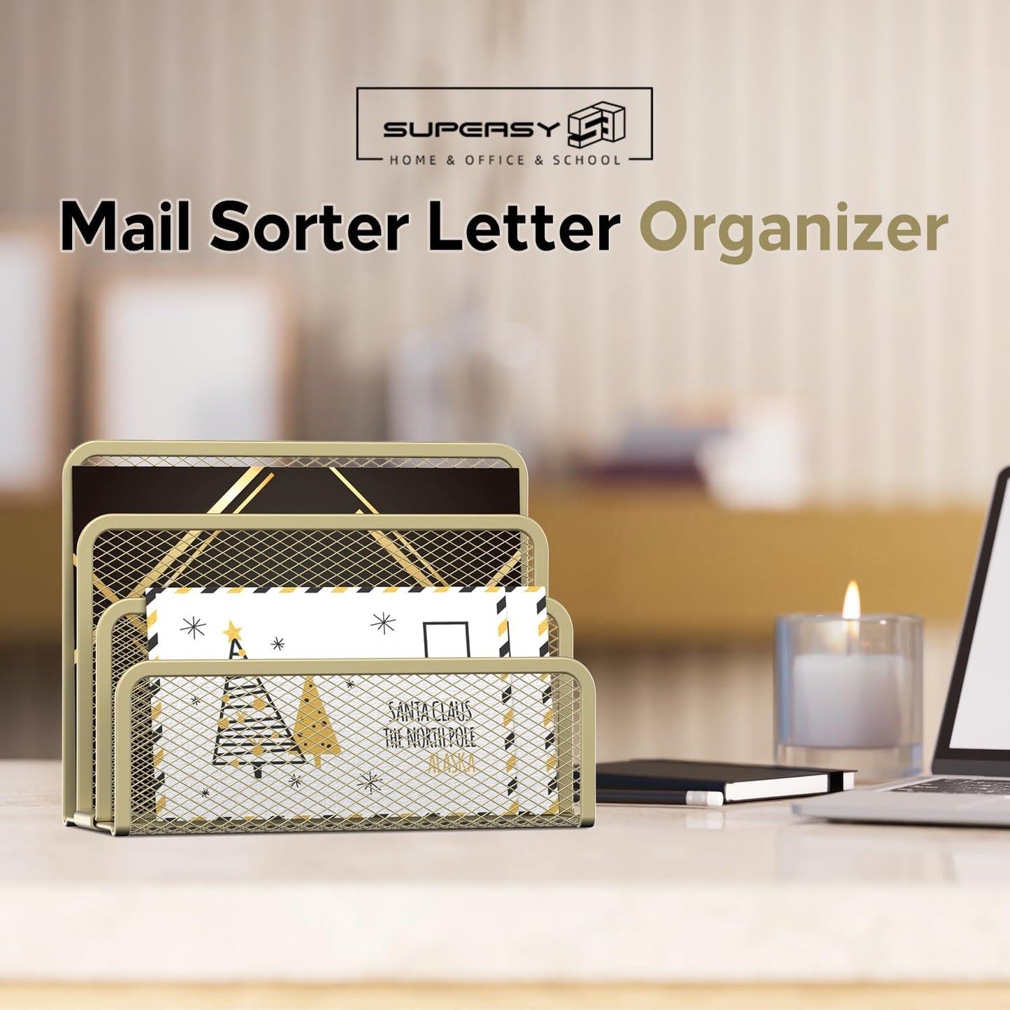 SUPEASY Mail Organizer for Desk, Mesh Metal Mail Holder Countertop with 3-Slot, Letter Sorter File Holder, Office Envelope Organizer for Mails (Black)