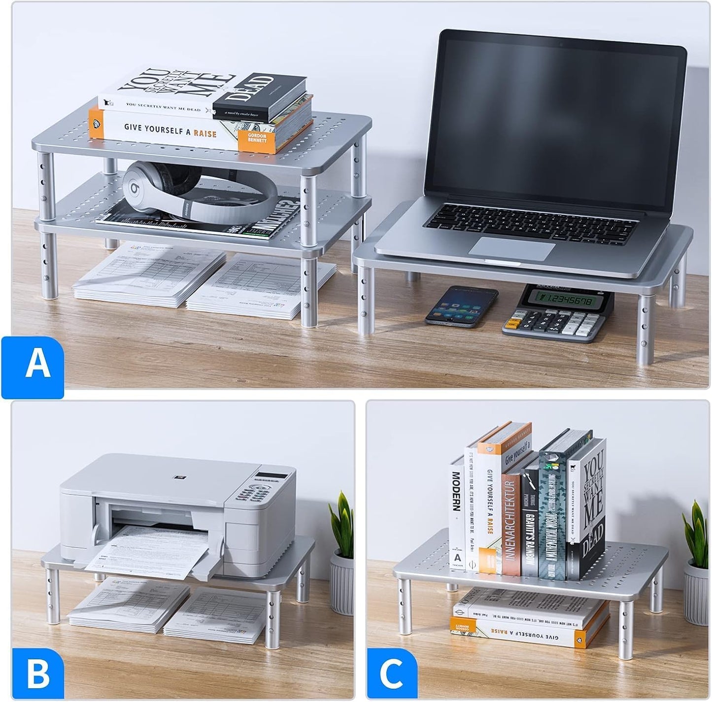 HUANUO Monitor Stand, Monitor Stand Riser 3 Height Adjustable, Monitor Riser with Airflow Vents, Laptop Stand for Desk, Laptop Riser, Desk Organizer for Monitor, 15.6" Laptop, PC, Printer