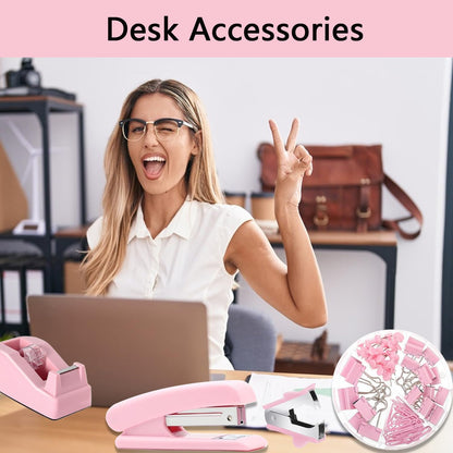 suniya Office Supplies,Gold Desk Accessories,with Stapler,Tape Dispenser,Pen Holder,Scissors,Phone Stand,Staple Remover,Ballpoint Pen,Clear Tape, Staples,Ruler,Clips,Best Gift for Business or Boss