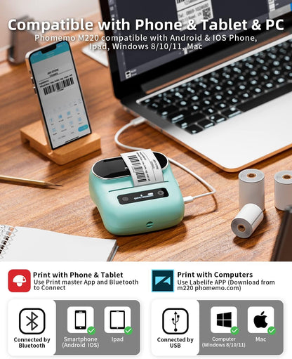 Phomemo Label Maker,M220 Label Printer,3 Inch Bluetooth Thermal Label Maker Machine with 6000+ Icons,700+ Templates,400+ Fonts,for Kids School Items,Small Business,Large Sticker