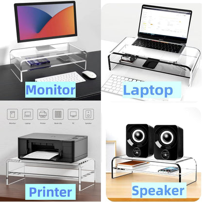 Acrylic Monitor Stand, 2 Tier Riser with Storage Shelf, Clear, 16/20 Inch, Home Office Desk Organizer (16in)