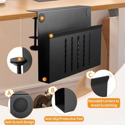 Desk Side Storage with Pen Holder, No Drill Hanging Desk Organizer Under Desk Storage Mount, Clamp-On Laptop Holder Table Side Tray Desktop Organization for Office and Home (Black)