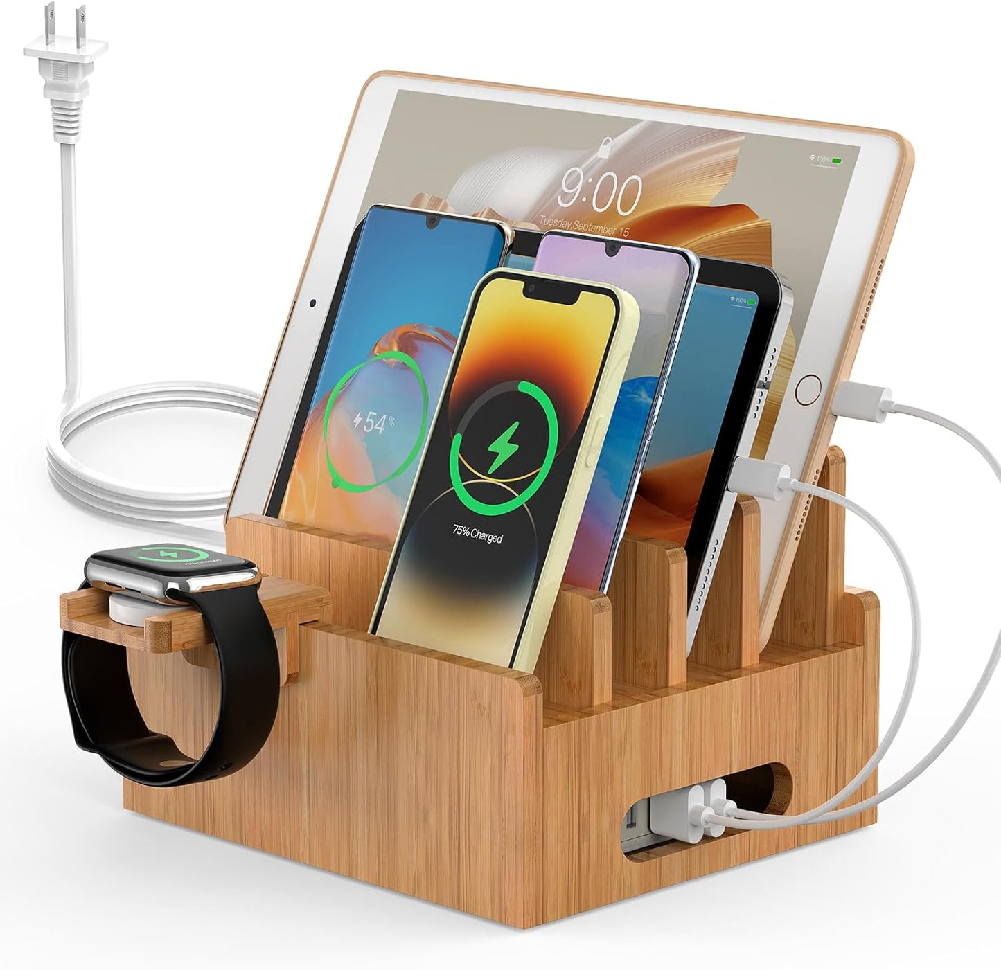 Pezin & Hulin Cell Phone Charging Stations, Bamboo Dock Organizer for Multi Devices, Tablets, Smart Watch, with Pack 5 Cables, No Power Charger Supply