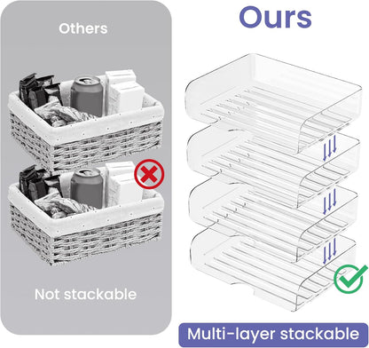 Tomorotec Desk Letter Tray Set, A4 Size Clear PET Stackable Document Organizer Office Desktop File Paper Holder Book Storage Rack Side Load Anti-Skid Stacking Support Convex Bottom (2X Landscape)