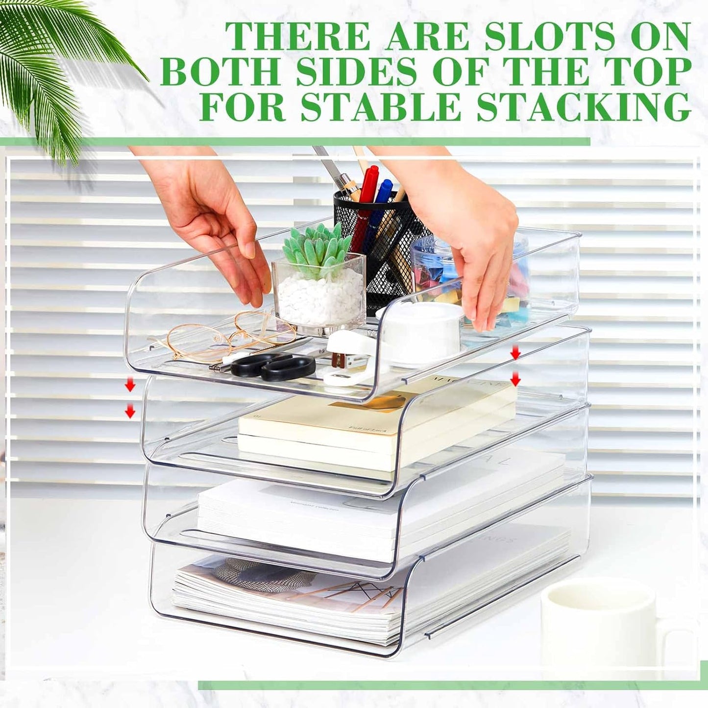 Juexica 4 Pcs Stackable Clear Letter Trays Organizer for Desk A4 Size File Paper Organizer Acrylic Desk Organizer Trays with Anti Skid Bottom for Home Office School (Vertical Opening Style)