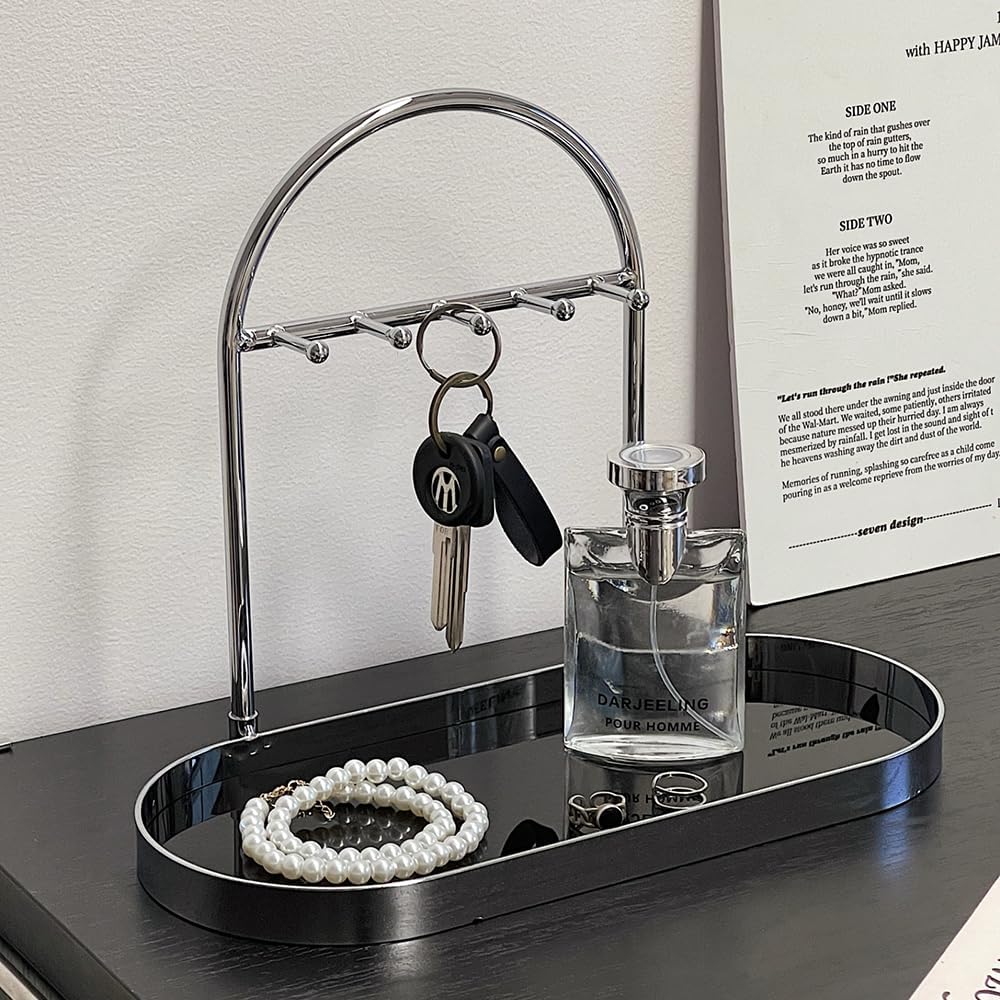 Shinpuru Metal Jewelry Organizer Stand & Key Holder Tray with Acrylic Base, Key Stand and Jewelry Tray with 5 Hooks, Perfect Key Bowl, Valet Key Tray, Ring Holder, Jewelry Dish (Silver Black)