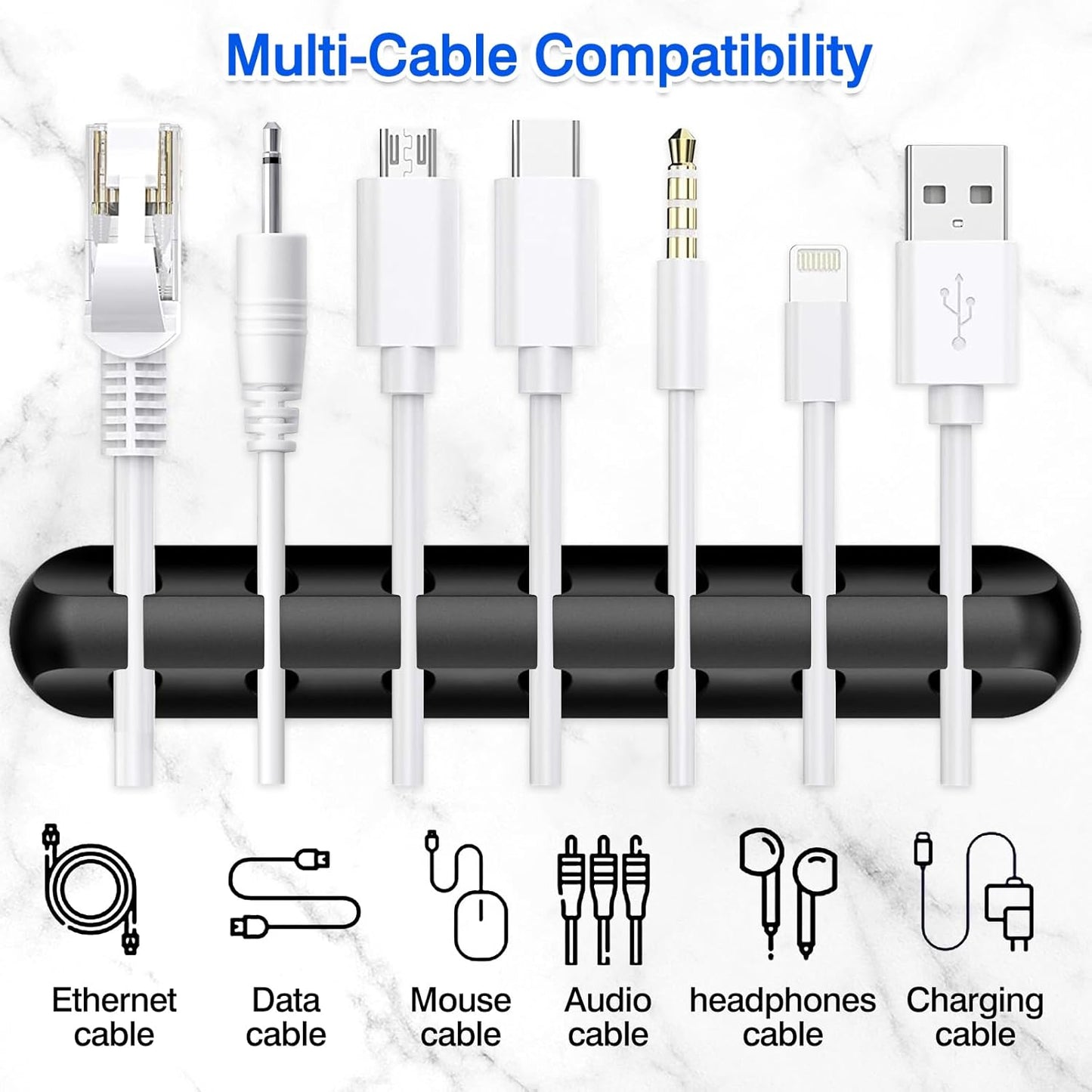 Self-Adhesive Silicone Cable Organizer Clips – Black Cord Holders with Multiple Slots (7-5-3-2-1) for Desk, Car & Nightstand