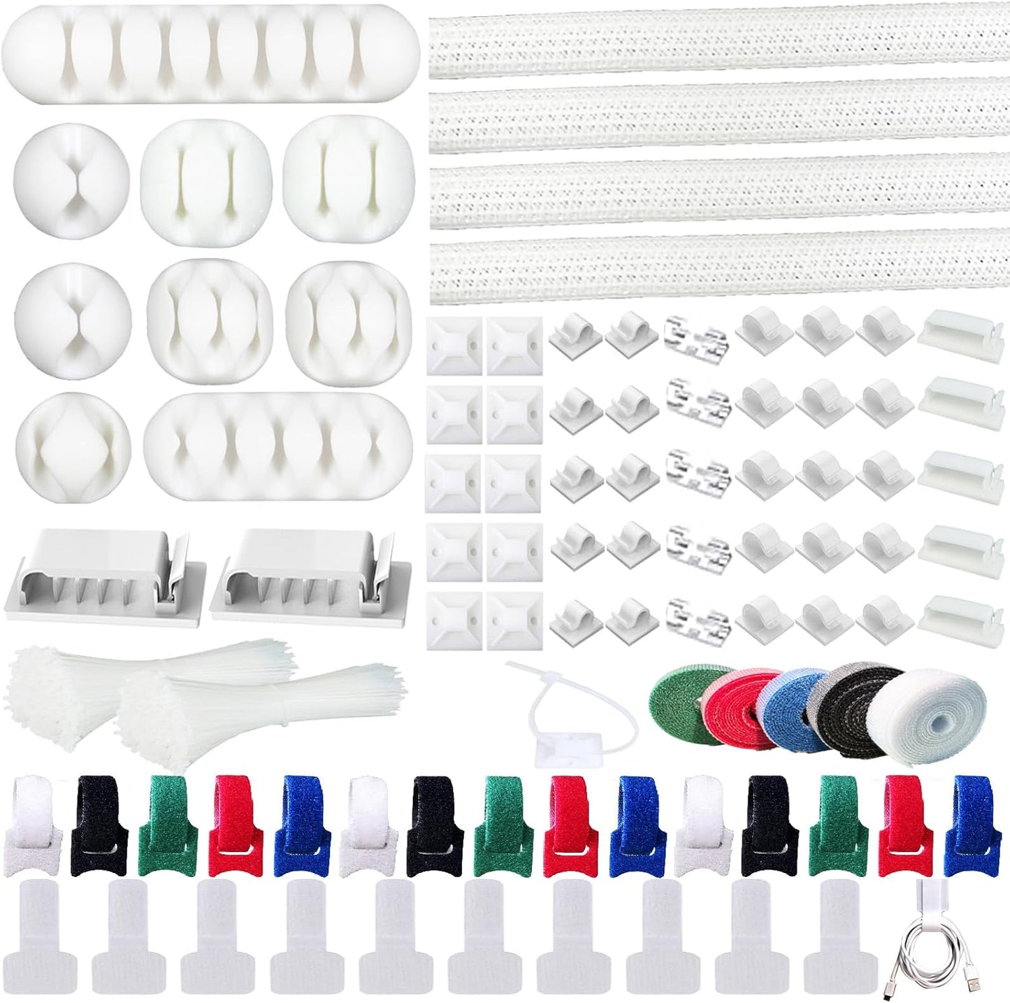 ELII 300PCS Cable Management Kit,4 Cable Sleeve 35 Cable Clips with 11Cord Holders,20 Roll Cable Organizer Straps and 200 Fastening Cable Ties,20 Cable Zip Tie Mounts for Computer TV Under Desk