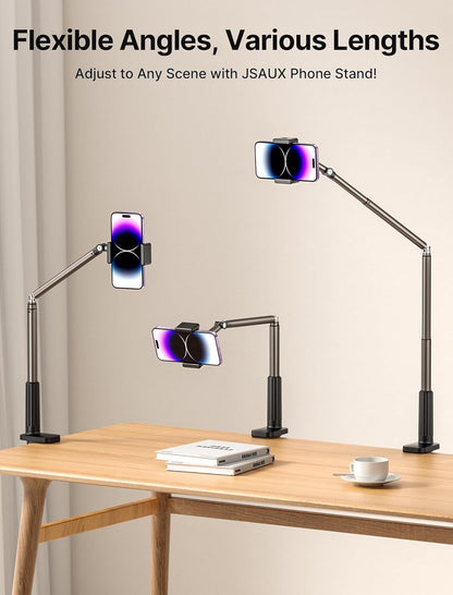 JSAUX Phone Holder for Desk and Bed Compatible with iPhone 17 16 15 14 13 12 Overhead Phone Mount Gooseneck Phone Stand Flexible 360 Lazy Long Arm Clamp Clip for Table Bedside [1-Pack, Black]