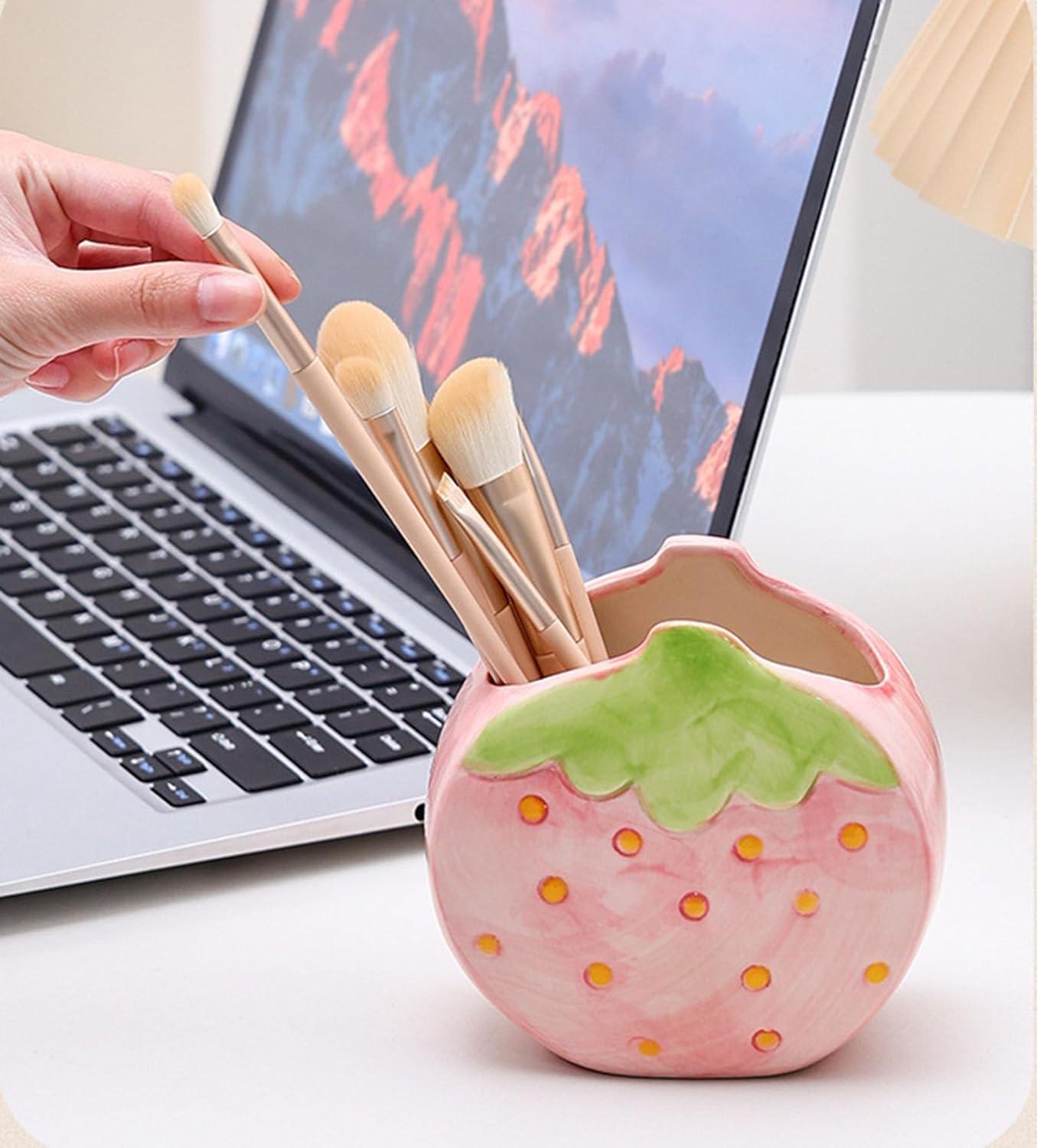 1 PC Flower Makeup Storage Box Ceramic Blossom Five Petals Pen Holder Pen Holder Desktop Storage Box (Blue)