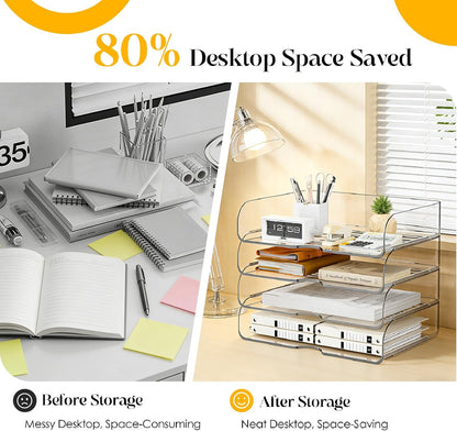 HIYOHIYO Office Acrylic Clear A4 Paper Organizer for Desk, Stackable Office Desk Paper Organizer, Large Capacity Desktop Papers Tray Holder, Organizer for A4 File Folder, 4 Tier Vertical Style