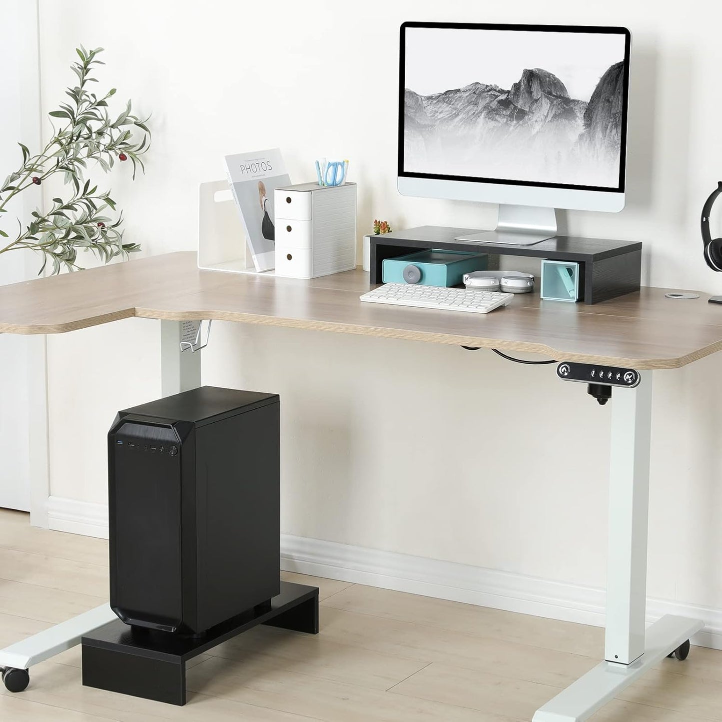 TEAMIX 20 inch White Monitor Stand Riser, Wood Desktop Stand for PC/TV/Laptop/Printer, White Monitor Riser with Storage, Computer Stand with Keyboard Organizer