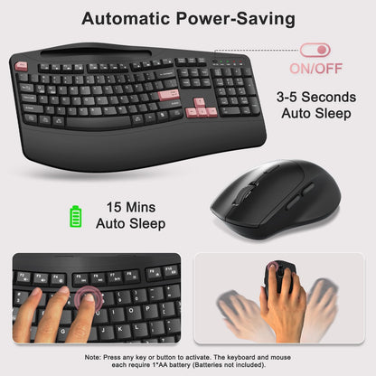 Wireless Keyboard and Mouse Combo, 2.4G Full Size Wave Keys Ergonomic Keyboard with Wrist Rest, Phone Holder, 3-Level DPI Wireless Silent Mouse with 6-Buttons, for Windows, Mac OS, Laptop, PC (Black)