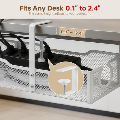 Upgraded 25.2'' Under Desk Cable Management Tray, No Drill Clamp-On Design Wire Organizer, Cable Organization Box for No Damage to Desk, Metal Cord Organizer for Home Office, White