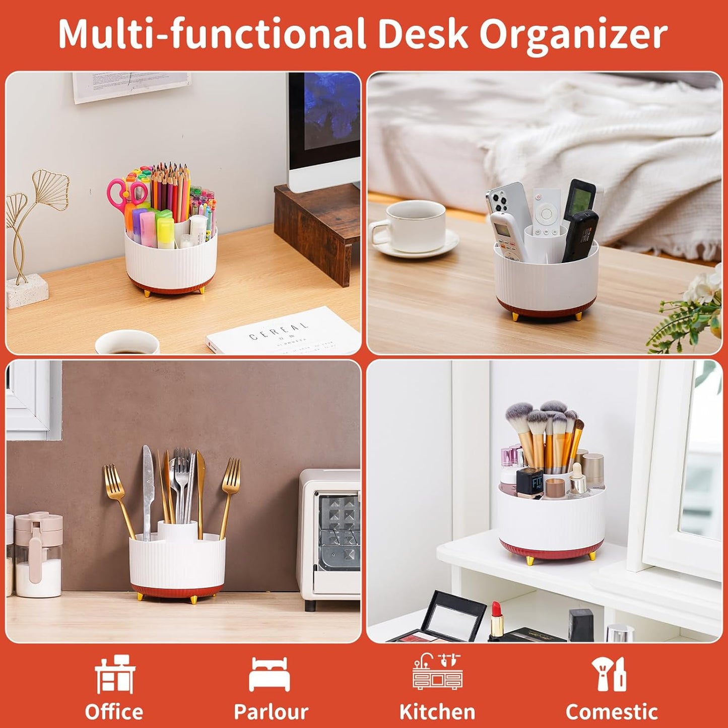 Marbrasse Desk Organizer, 360-Degree Rotating Pen Holder, Desk Organizers and Accessories with 5 Compartments Pencil Holder, Art Supply Storage Box Caddy for Office, Home（White）