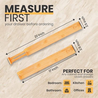 Adjustable Bamboo Drawer Dividers, Drawer Organizer for Kitchen, Bedroom, Bathroom, Office Desk, Dresser Nursery & Silverware, Natural Wooden Separators with Soft Foam Ends, Expandable