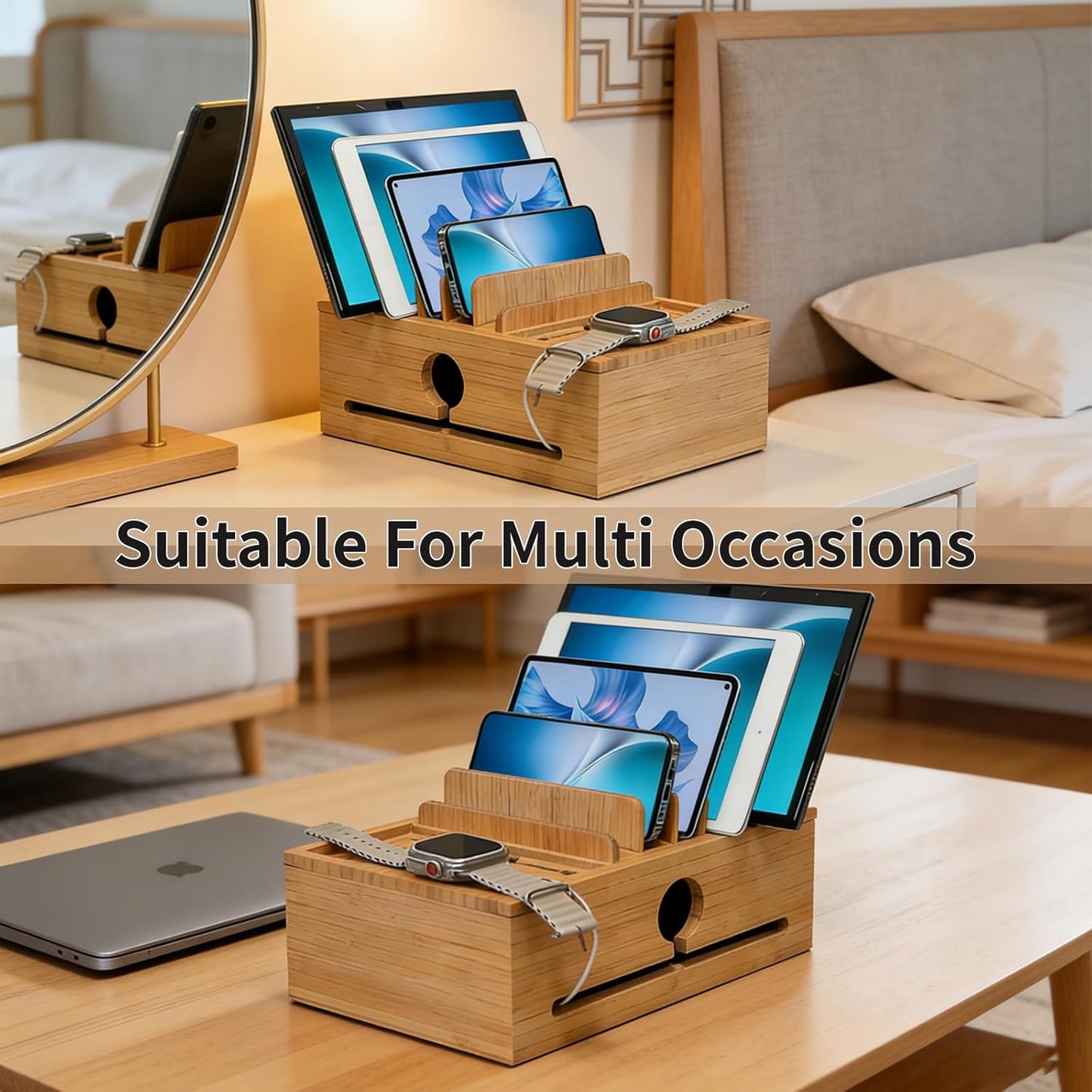 Bamboo Charging Station Organizer for Multi-Devices with Tray, Nightstand Desk Electronic Organizer Stand for Cell Phone, Tablet, Etc (with 5-Cable, No USB Charger)