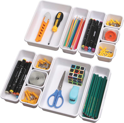 Set of 12 Interlocking Desk Drawer Organizer Tray Dividers Plastic Shallow Narrow Drawers Organizers Separators and Storage Bins Container for Kitchen Bathroom Makeup Office Vanity Bedroom Dresser