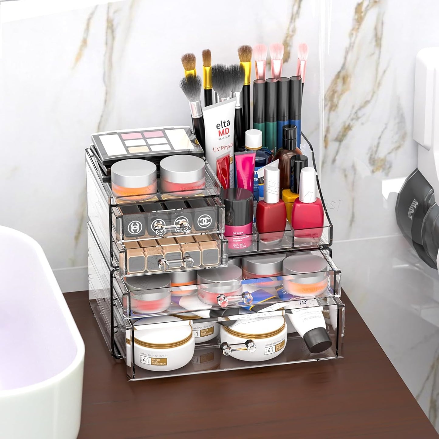 SUOXING Clear Acrylic Makeup Organizer for Vanity,Bathroom,Dresser,6 Drawer Cute Make up Organizers for Counter,Plastic Countertop Makeup Storage for Beauty,Jewelry,Brush,Cosmetic,Skin Care Organizer