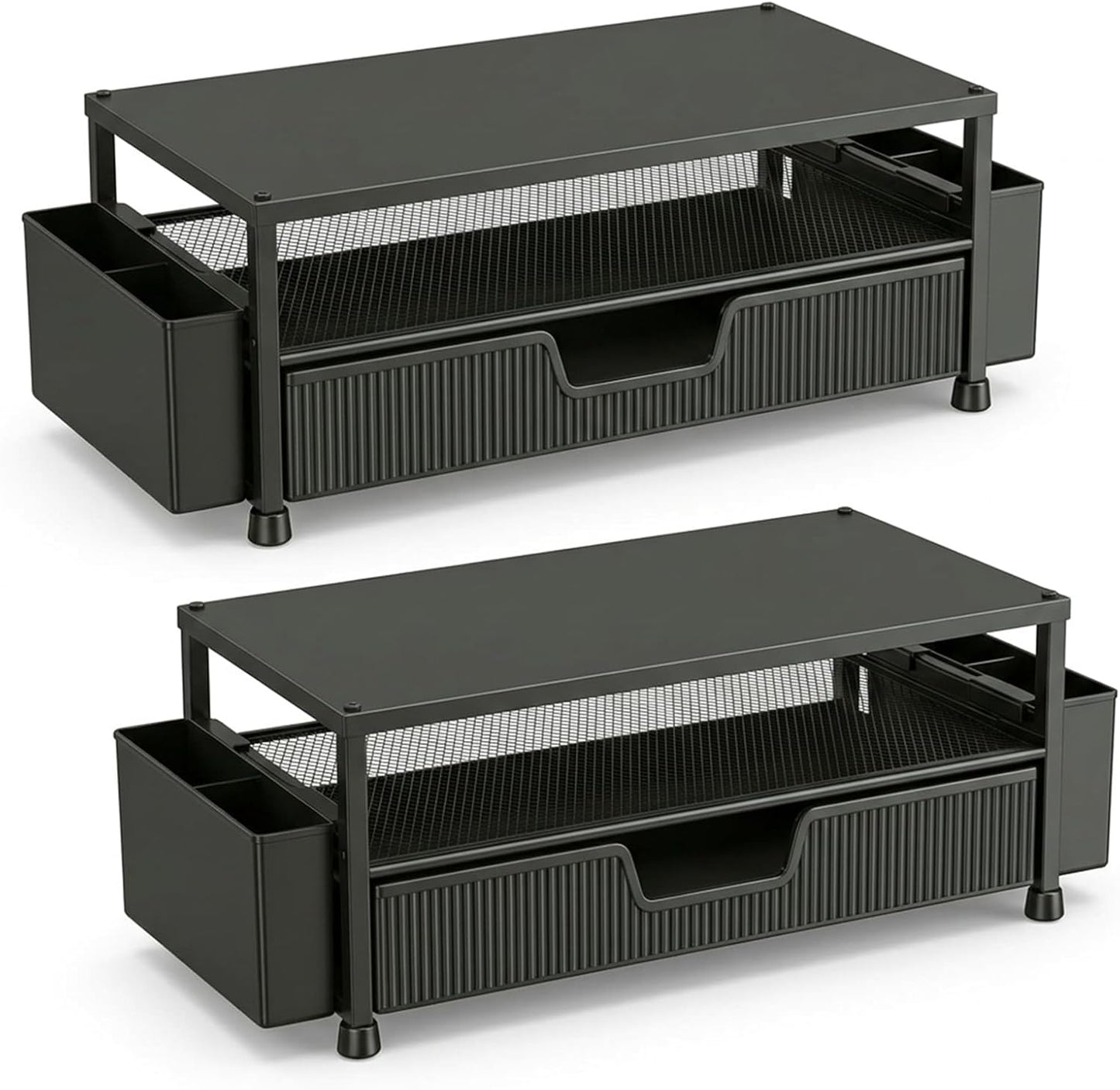ECOLOVI Desk Organizer and Accessories, 2-Tier Computer Monitor Stand Rise with Storage Drawer & 2 Pen Holders, Laptop & Printer Stand for Desktop, Workspace Organizers for Office Supplies (Blue)
