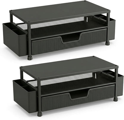 ECOLOVI Desk Organizer and Accessories, 2-Tier Computer Monitor Stand Rise with Storage Drawer & 2 Pen Holders, Laptop & Printer Stand for Desktop, Workspace Organizers for Office Supplies (Blue)