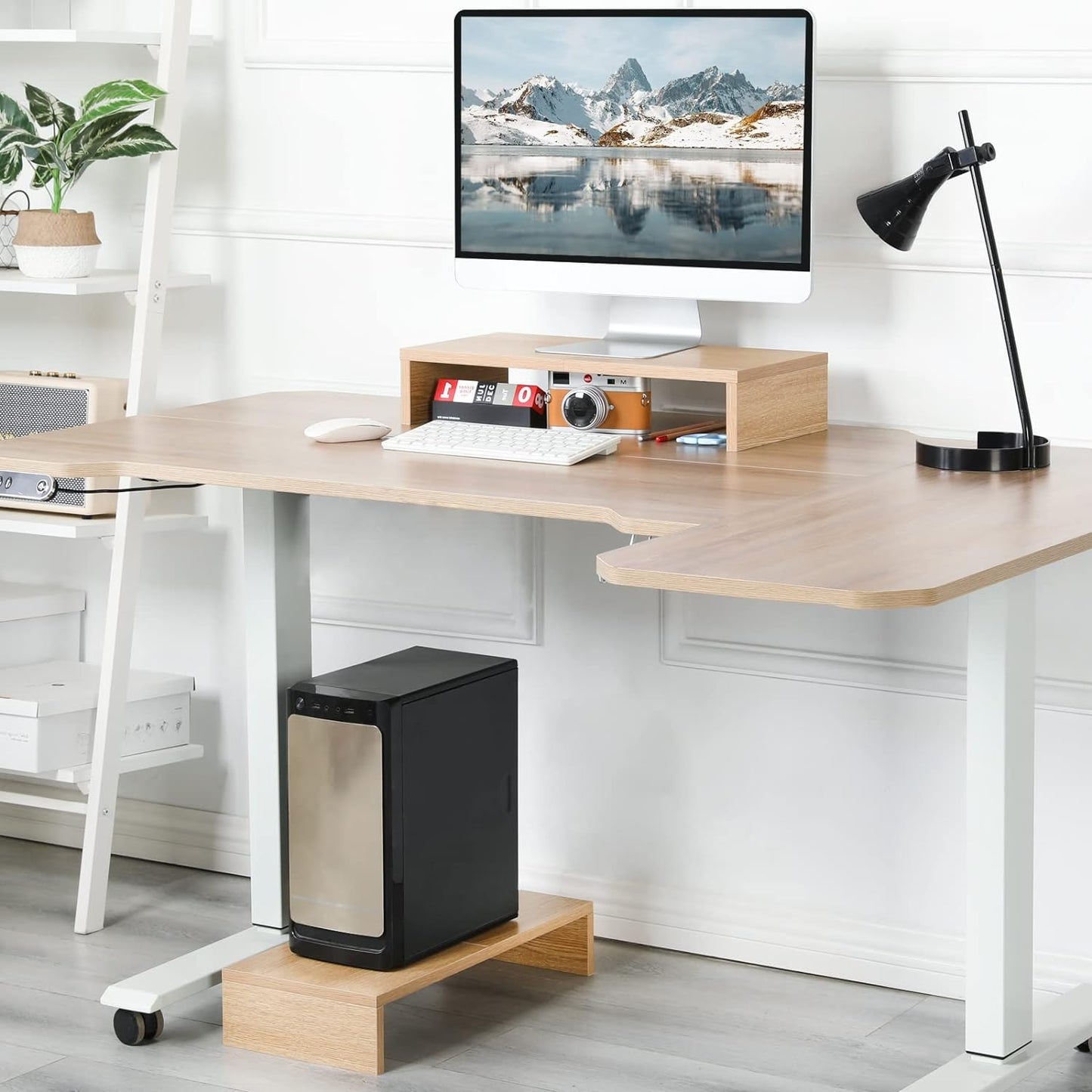 TEAMIX 20 inch White Monitor Stand Riser, Wood Desktop Stand for PC/TV/Laptop/Printer, White Monitor Riser with Storage, Computer Stand with Keyboard Organizer