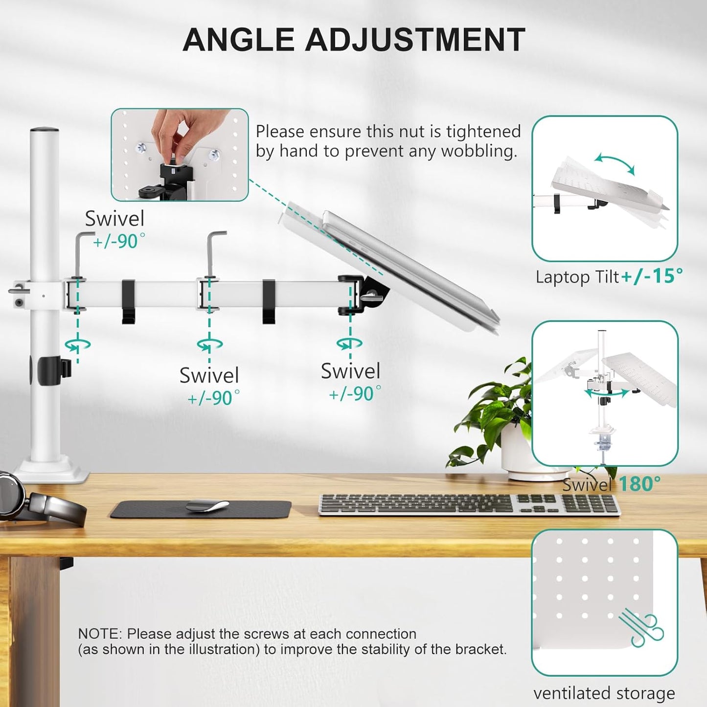 WALI Laptop Desk Mount for 17 inch Notebook, Adjustable Single Monitor Arm with Laptop Holder for 32 inch Screen, Laptops Stand with Ventilated Tray, Up to 22 lbs, (M00LP), Black