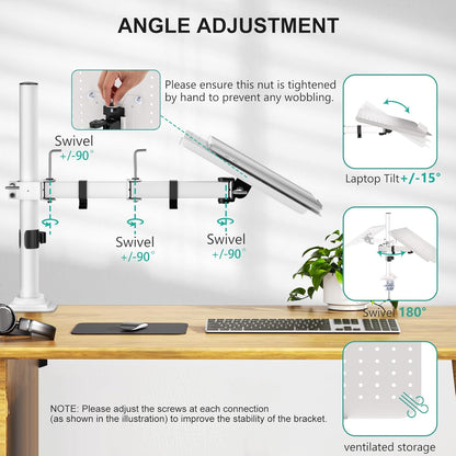 WALI Laptop Desk Mount for 17 inch Notebook, Adjustable Single Monitor Arm with Laptop Holder for 32 inch Screen, Laptops Stand with Ventilated Tray, Up to 22 lbs, (M00LP), Black