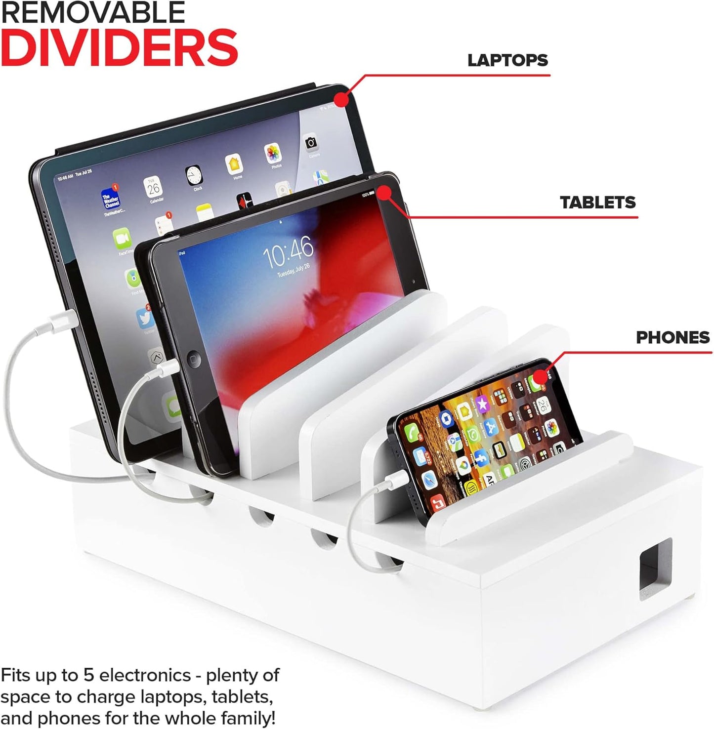Modern Innovations Bamboo Charging Station for Multiple Devices (White) Wood Device Organizer, Desk Docking Stand for Cell-Phone Charger, Compatible with Apple, Android, iPad, iPhone, Tablet, Laptop