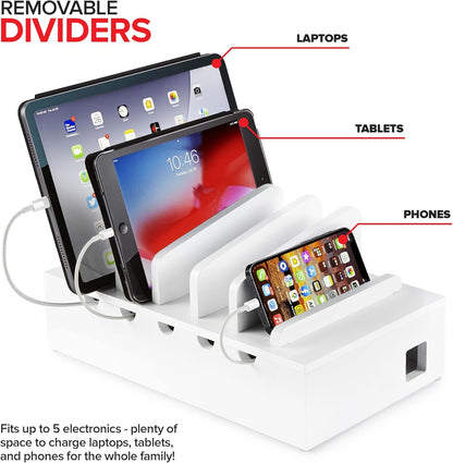 Modern Innovations Bamboo Charging Station for Multiple Devices (White) Wood Device Organizer, Desk Docking Stand for Cell-Phone Charger, Compatible with Apple, Android, iPad, iPhone, Tablet, Laptop