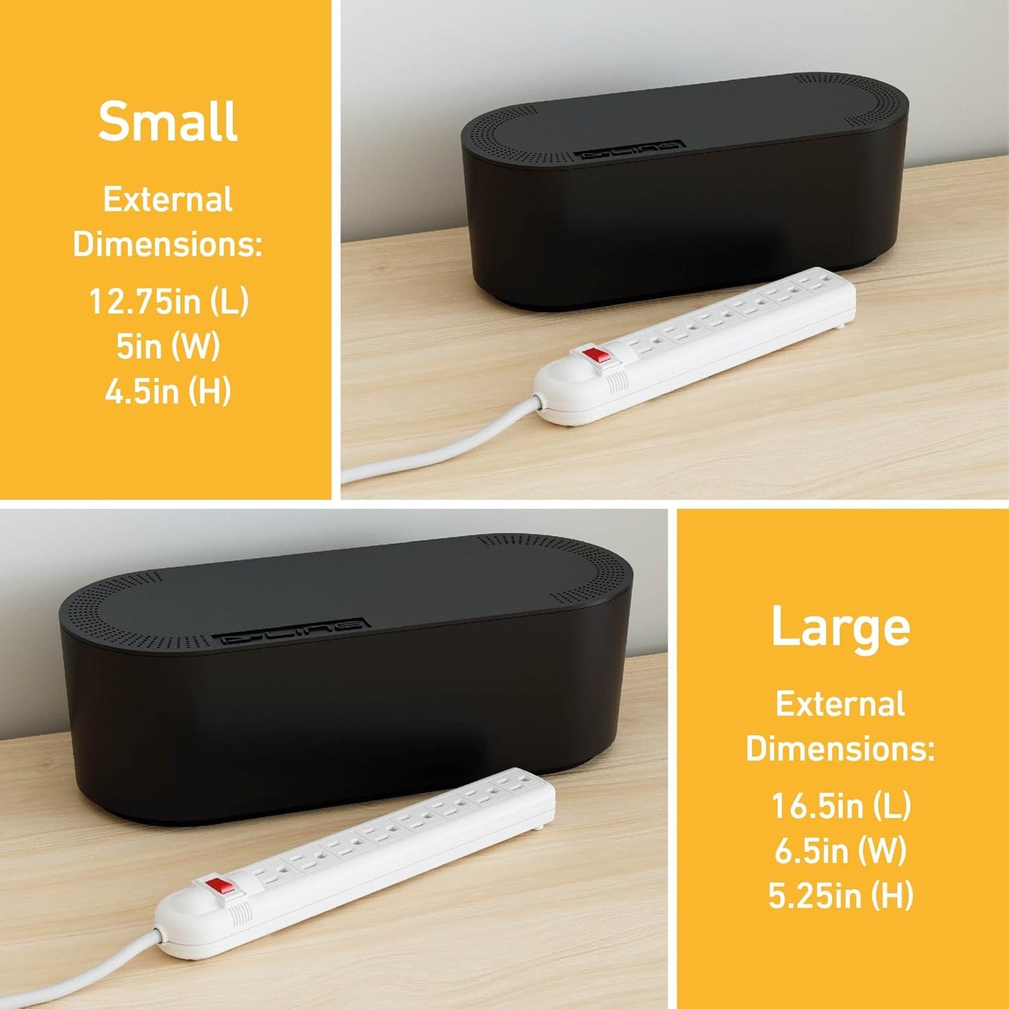 D-Line Cable Management Box, Power Strip Holder, Floor Outlet Hider, Desk Cord Organizer, Cover TV Wires, 12.75" (L) x 5" (W) x 4.5" (H), for use with Power Strips up to 10.5in Length - Small, White