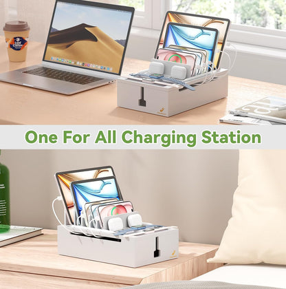 Pezin & Hulin Bamboo Charging Station for Multiple Devices, USB Charger Dock Organizer, with Power Supply (10 Ports HUB), 6 Cables, Cable Management Organizer for Cell Phones, Tablets -Natural+White