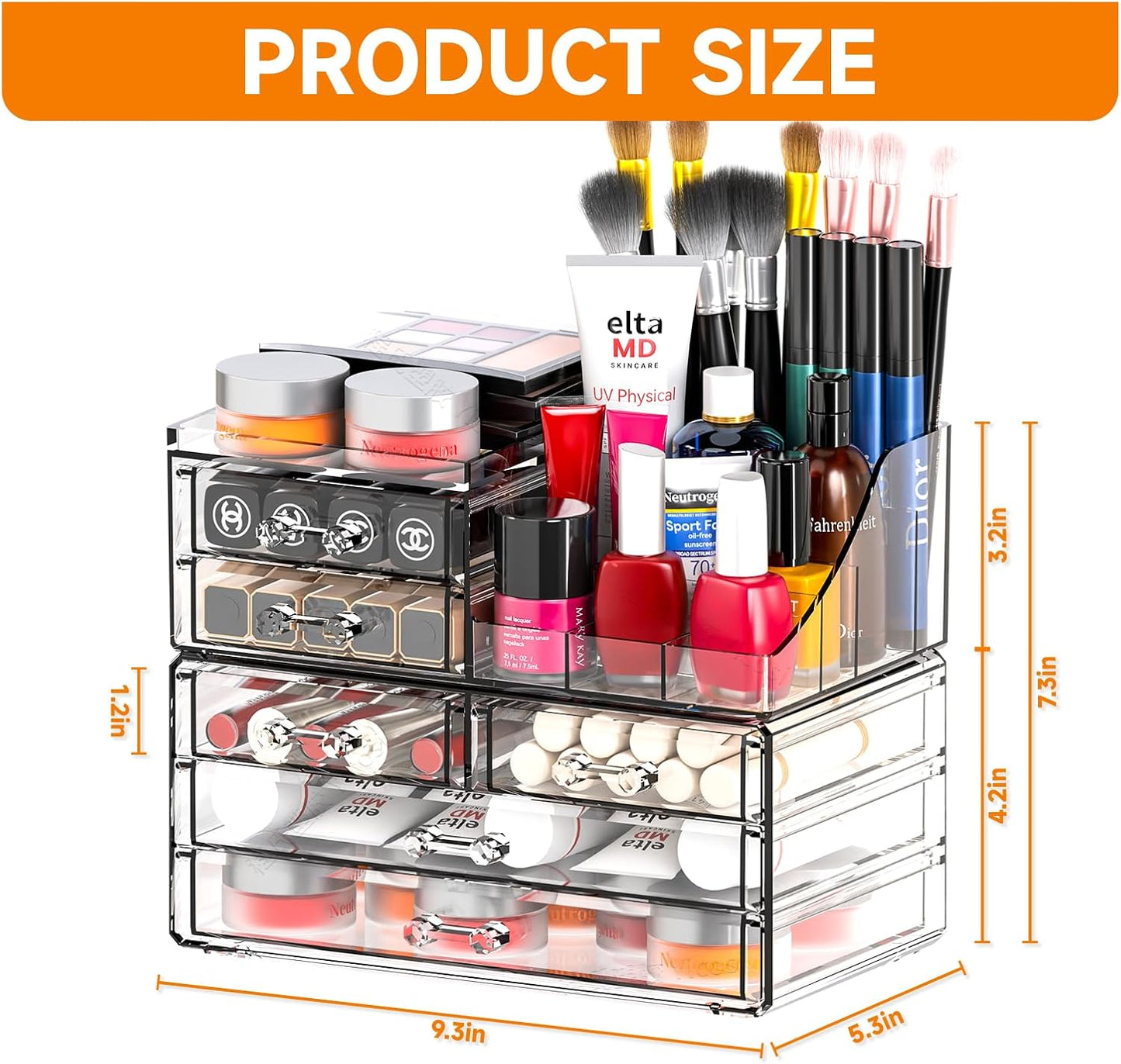 Cq acrylic Make Up Organizers for Vanity With 14 Drawers, 4 Pack Clear Drawer Organizers,Plastic Cute Desk Accessories Organization and Bathroom Organizers Storage Case Box Cube for Beauty,Skin Care