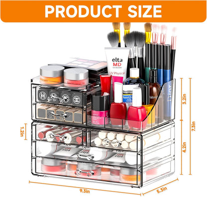 Cq acrylic Make Up Organizers for Vanity With 14 Drawers, 4 Pack Clear Drawer Organizers,Plastic Cute Desk Accessories Organization and Bathroom Organizers Storage Case Box Cube for Beauty,Skin Care