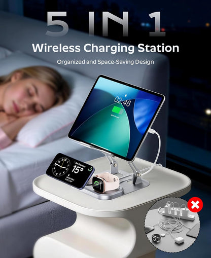 65W 5 in 1 Charging Station for Apple Multiple Devices, with 30W Fast Wired Charging Stand for iPad/Tab, Foldable Wireless Charger Design for Magsafe Charger for iPhone 17 16/Apple Watch/AirPods4