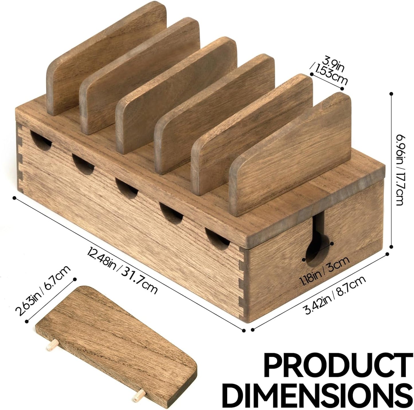 KIRIGEN Wood Charging Station Rack Organizer for Multiple Devices Desktop Organizer with 5 Ports for Cell Phones, Tablets, Earphones Wooden Cable Management DDXH-NA