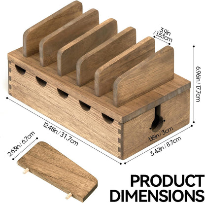 KIRIGEN Wood Charging Station Rack Organizer for Multiple Devices Desktop Organizer with 5 Ports for Cell Phones, Tablets, Earphones Wooden Cable Management DDXH-NA