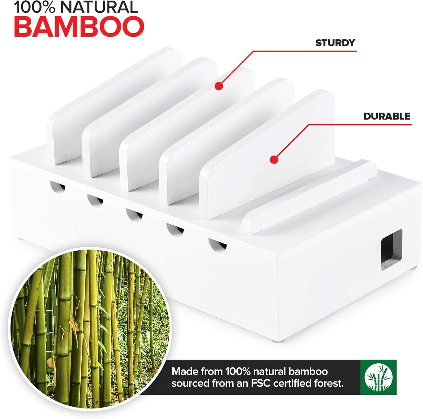 Modern Innovations Bamboo Charging Station for Multiple Devices (White) Wood Device Organizer, Desk Docking Stand for Cell-Phone Charger, Compatible with Apple, Android, iPad, iPhone, Tablet, Laptop