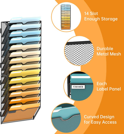 SUPEASY 5 Tier Wall File Organizer, Hanging Wall Mounted Mail Organizer with Label Slots, Metal Mesh File Holder Magazine Rack for Office, Home, School or Classroom, Black