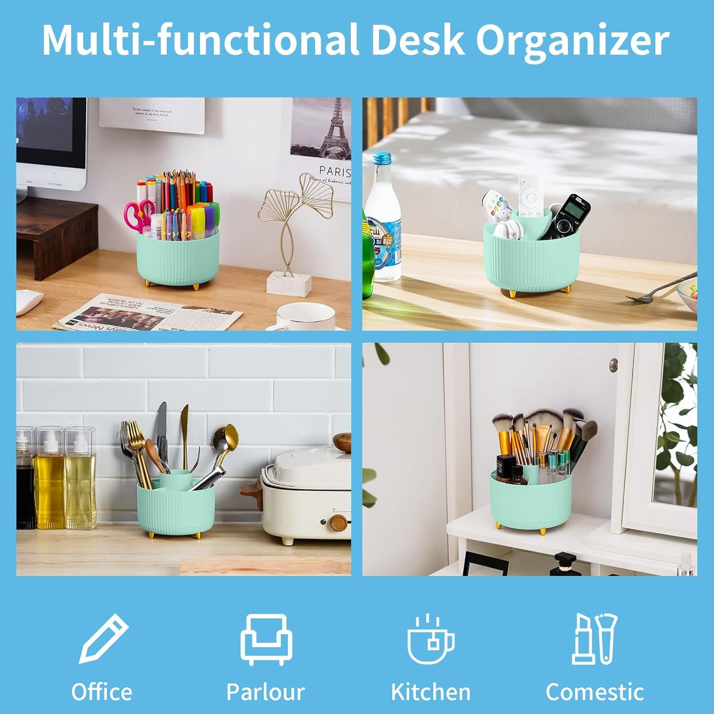 Marbrasse Desk Organizer, 360-Degree Rotating Pen Holder, Desk Organizers and Accessories with 5 Compartments Pencil Holder, Art Supply Storage Box Caddy for Office, Home（White）